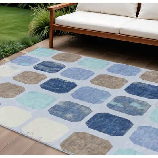 Denim Blue Brown And Sky Blue Geometric Washable Indoor Outdoor Area Rug Photo 2