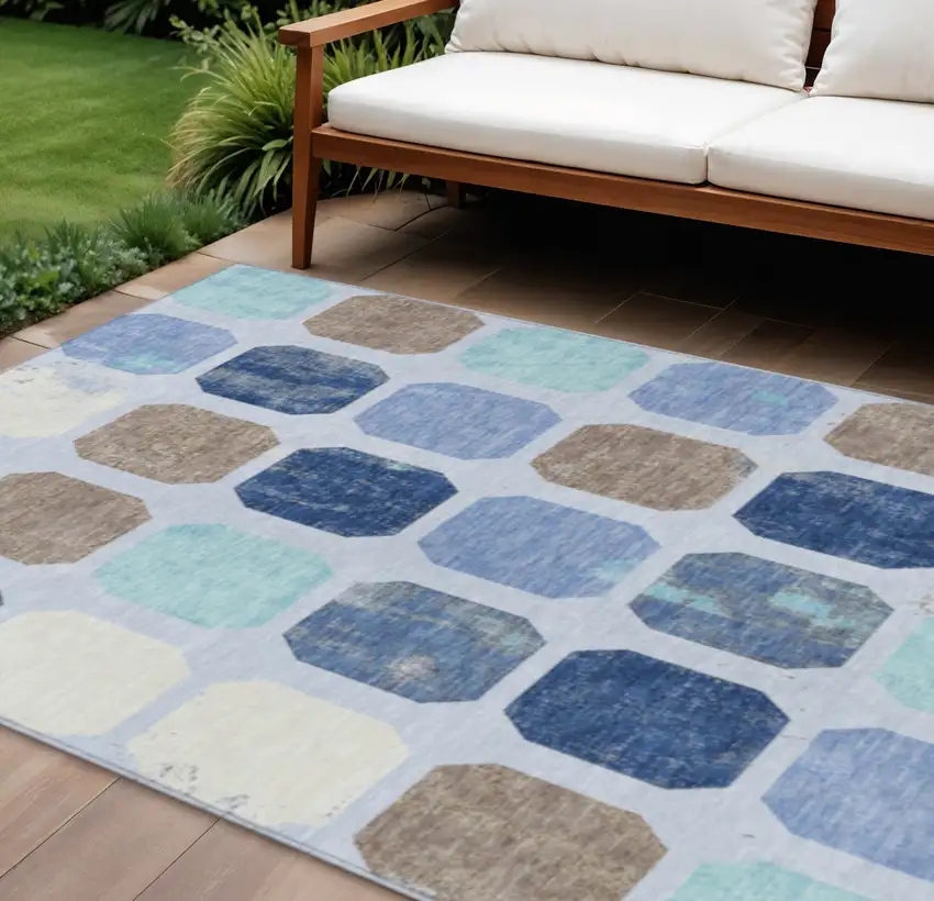 Denim Blue Brown And Sky Blue Geometric Washable Indoor Outdoor Area Rug Photo 2