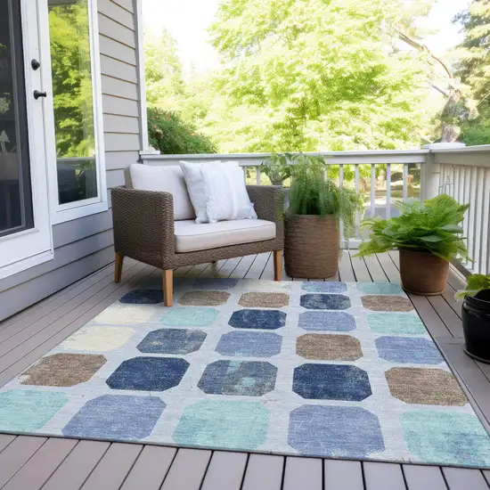 Denim Blue Brown And Sky Blue Geometric Washable Indoor Outdoor Area Rug Photo 8