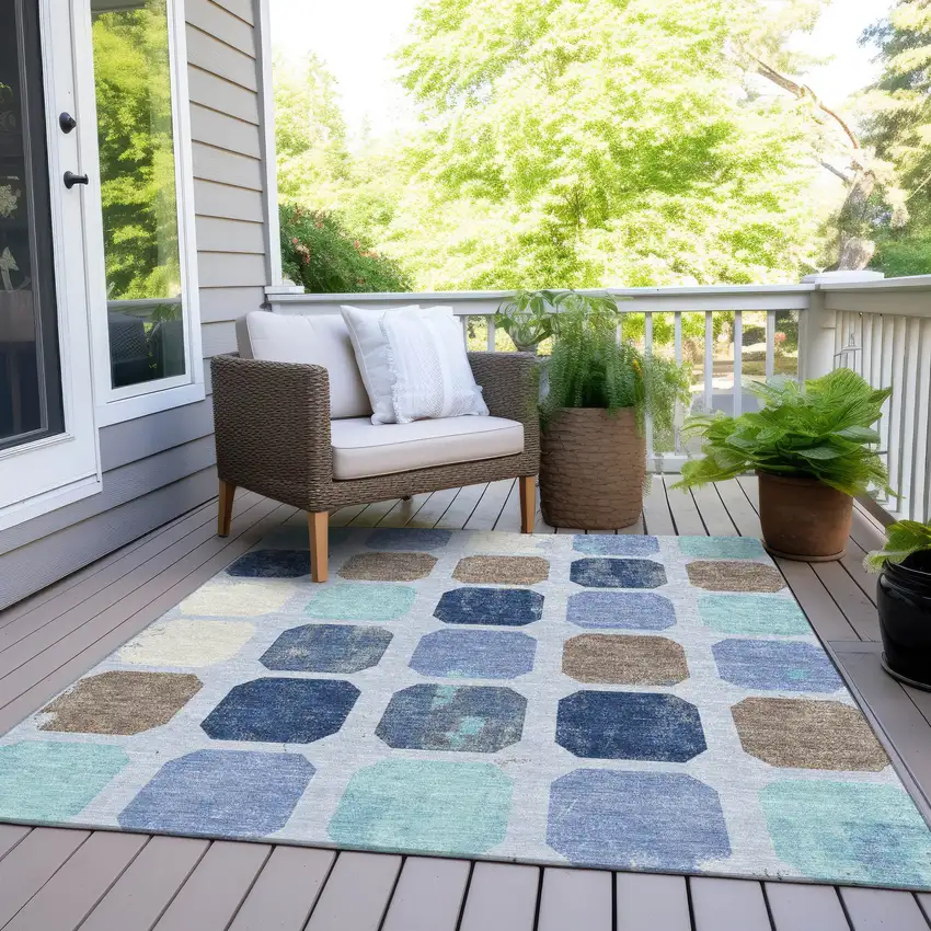 Denim Blue Brown And Sky Blue Geometric Washable Indoor Outdoor Area Rug Photo 8