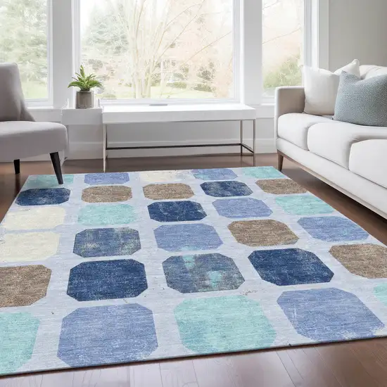 Denim Blue Brown And Sky Blue Geometric Washable Indoor Outdoor Area Rug Photo 7