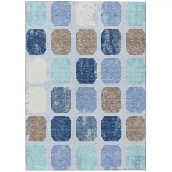 Denim Blue Brown And Sky Blue Geometric Washable Indoor Outdoor Area Rug Photo 1