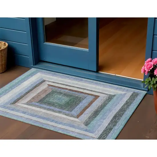 Denim Blue Brown And Sky Blue Geometric Washable Indoor Outdoor Area Rug Photo 2