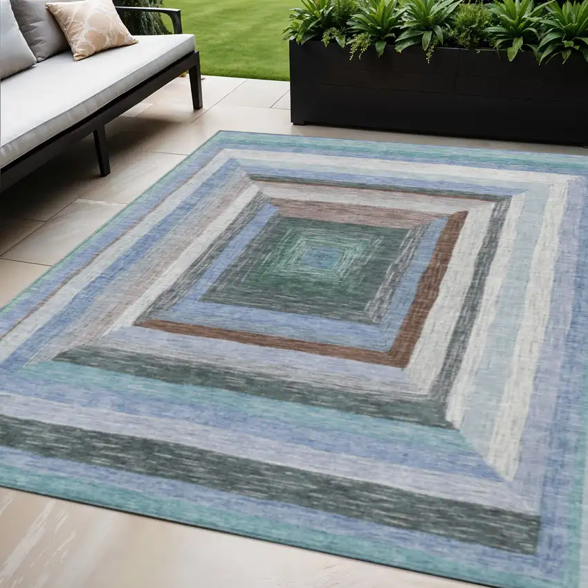 Denim Blue Brown And Sky Blue Geometric Washable Indoor Outdoor Area Rug Photo 2