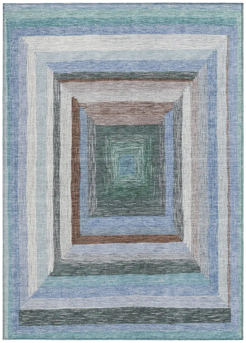 Denim Blue Brown And Sky Blue Geometric Washable Indoor Outdoor Area Rug Photo 4