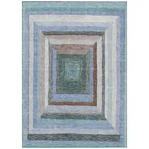 Photo of Denim Blue Brown And Sky Blue Geometric Washable Indoor Outdoor Area Rug