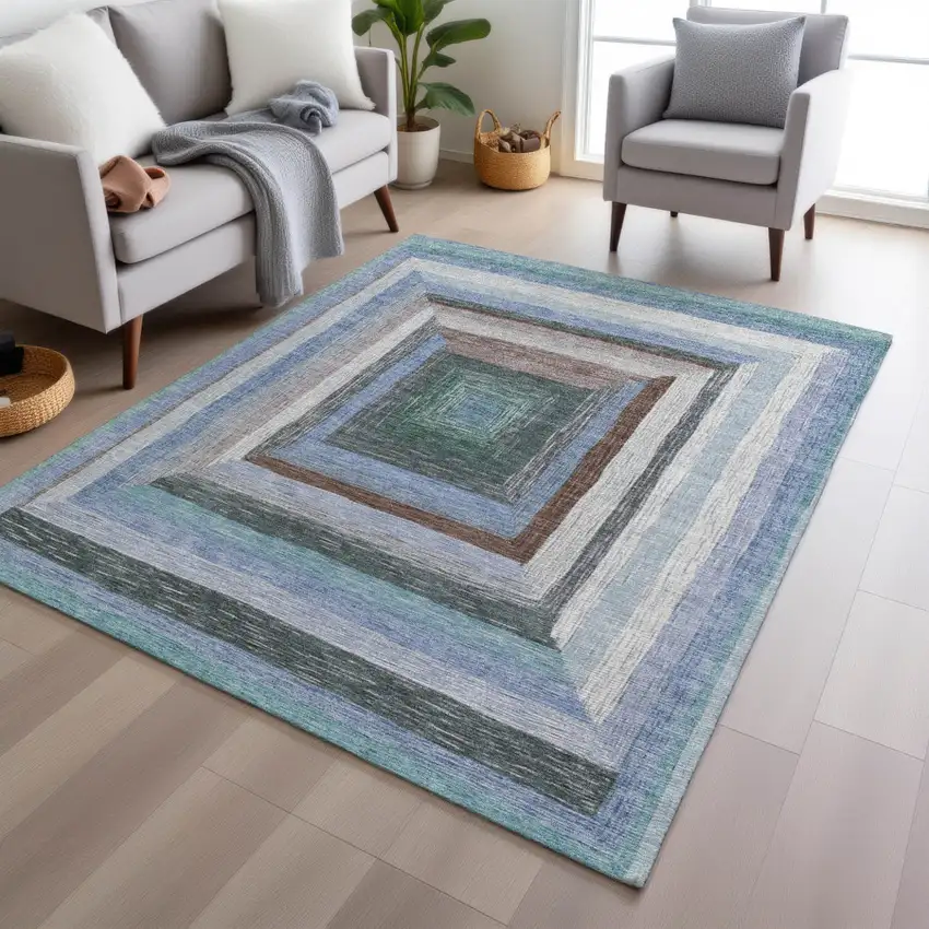 Denim Blue Brown And Sky Blue Geometric Washable Indoor Outdoor Area Rug Photo 6