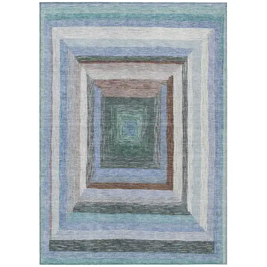 Denim Blue Brown And Sky Blue Geometric Washable Indoor Outdoor Area Rug Photo 1