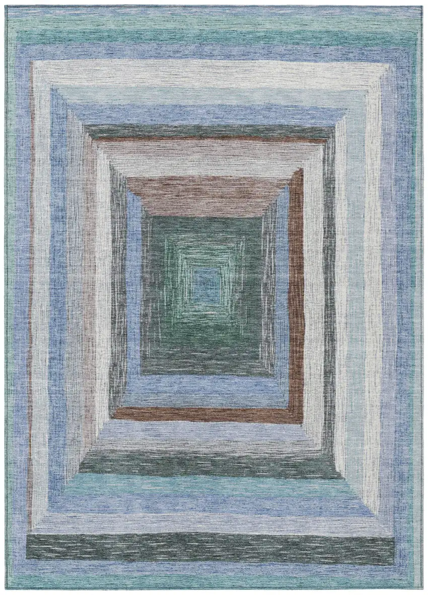 Denim Blue Brown And Sky Blue Geometric Washable Indoor Outdoor Area Rug Photo 1