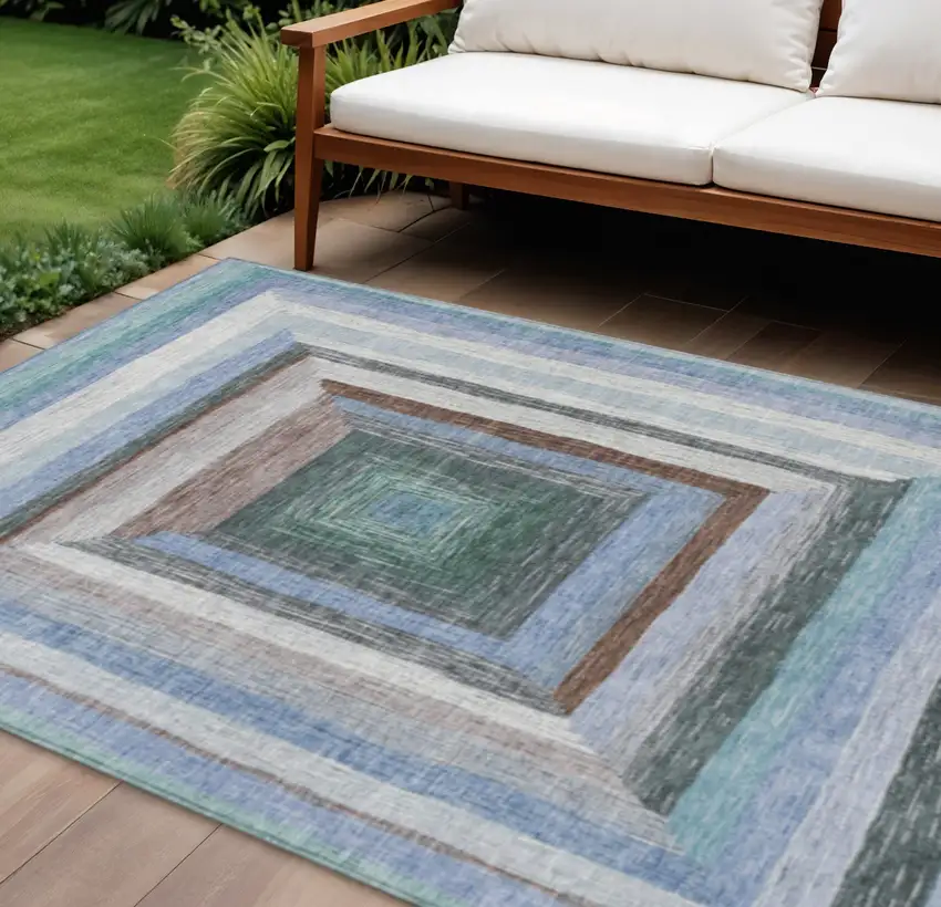 Denim Blue Brown And Sky Blue Geometric Washable Indoor Outdoor Area Rug Photo 2