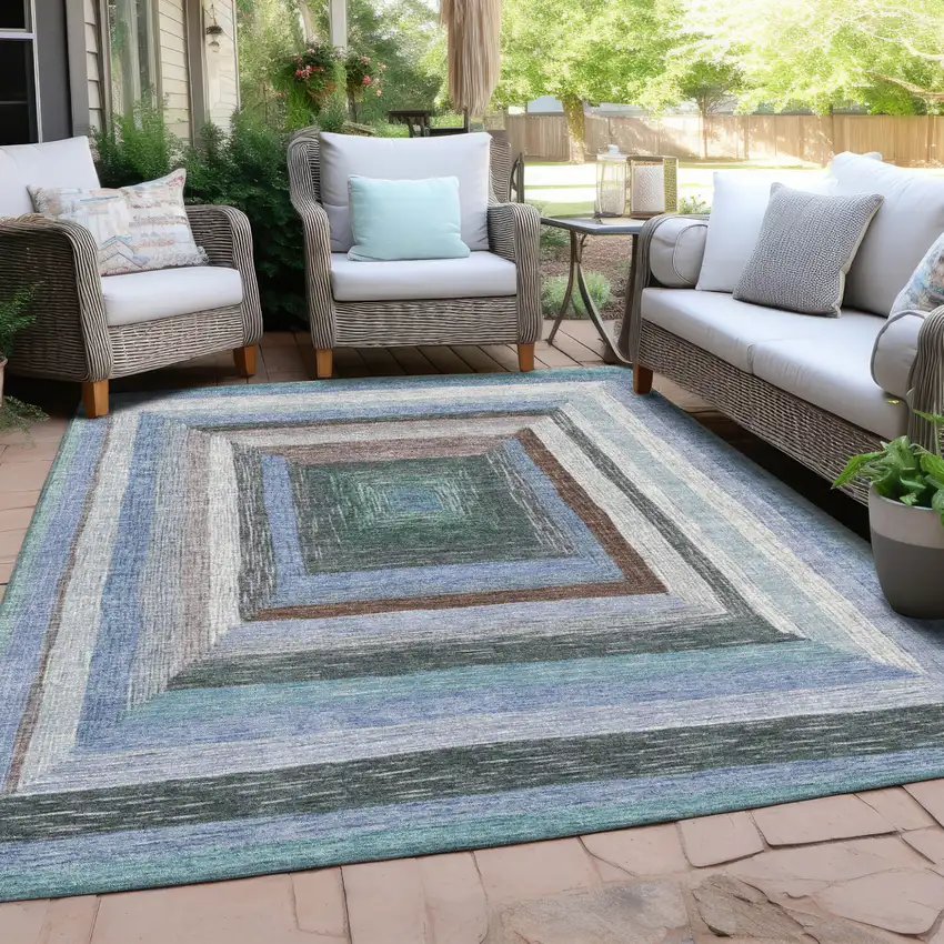 Denim Blue Brown And Sky Blue Geometric Washable Indoor Outdoor Area Rug Photo 5