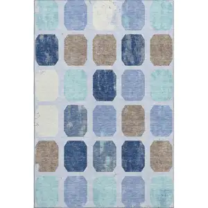 Photo of Denim Blue Brown And Teal Geometric Washable Area Rug With UV Protection