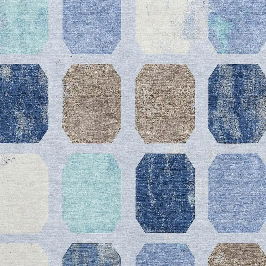 Denim Blue Brown And Teal Geometric Washable Area Rug With UV Protection Photo 3