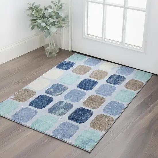 Denim Blue Brown And Teal Geometric Washable Area Rug With UV Protection Photo 2