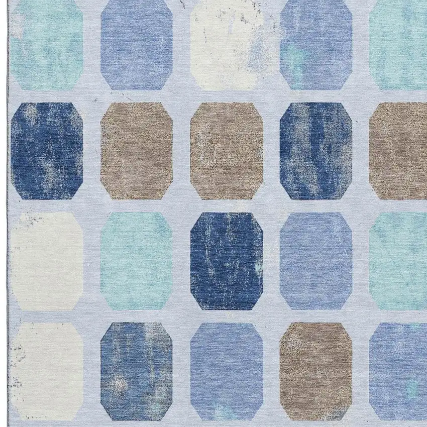 Denim Blue Brown And Teal Geometric Washable Area Rug With UV Protection Photo 4