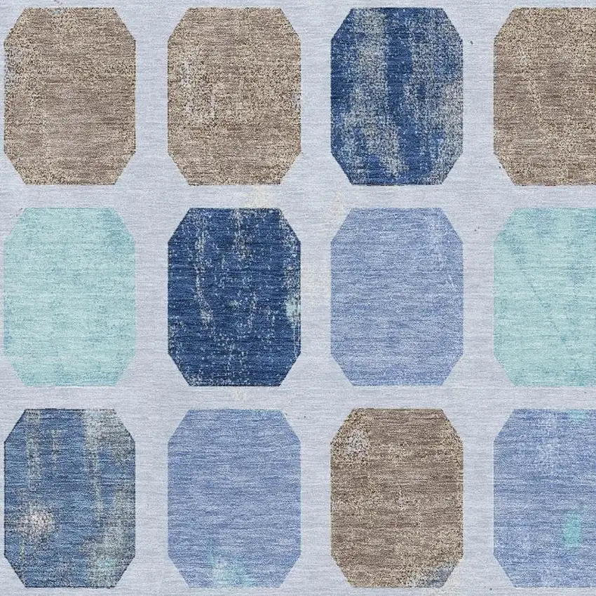 Denim Blue Brown And Teal Geometric Washable Area Rug With UV Protection Photo 3