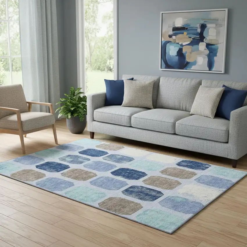 Denim Blue Brown And Teal Geometric Washable Area Rug With UV Protection Photo 2