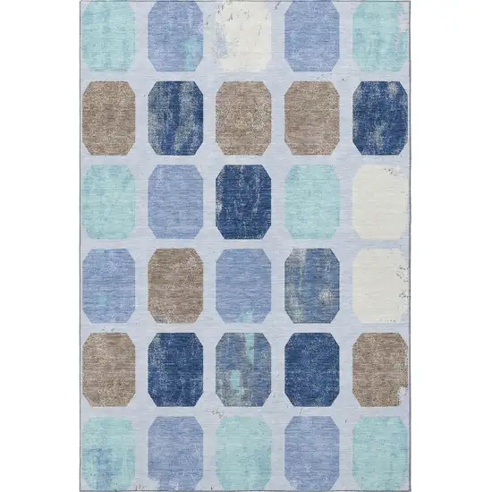 Denim Blue Brown And Teal Geometric Washable Area Rug With UV Protection Photo 4