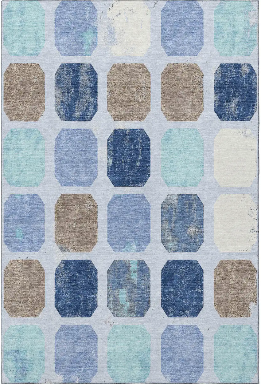 Denim Blue Brown And Teal Geometric Washable Area Rug With UV Protection Photo 4