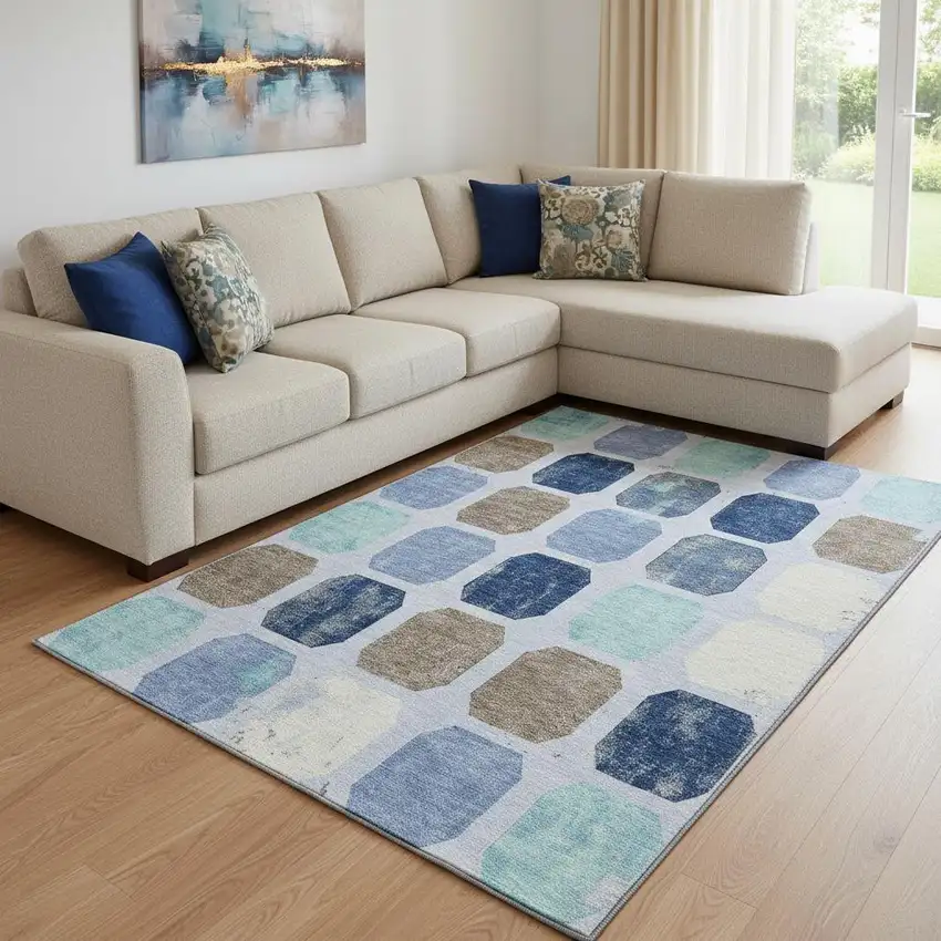 Denim Blue Brown And Teal Geometric Washable Area Rug With UV Protection Photo 2