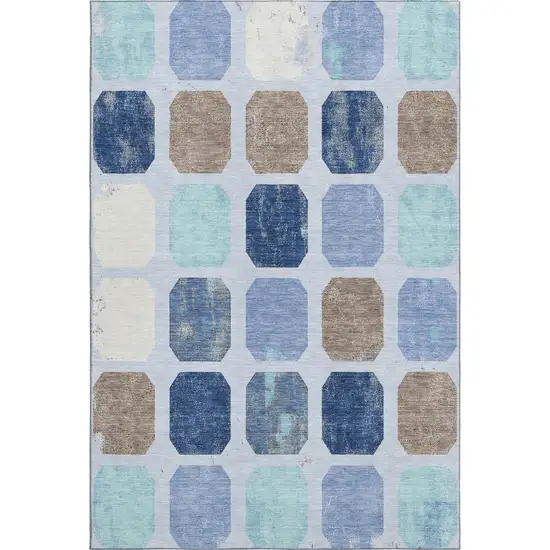 Denim Blue Brown And Teal Geometric Washable Area Rug With UV Protection Photo 1