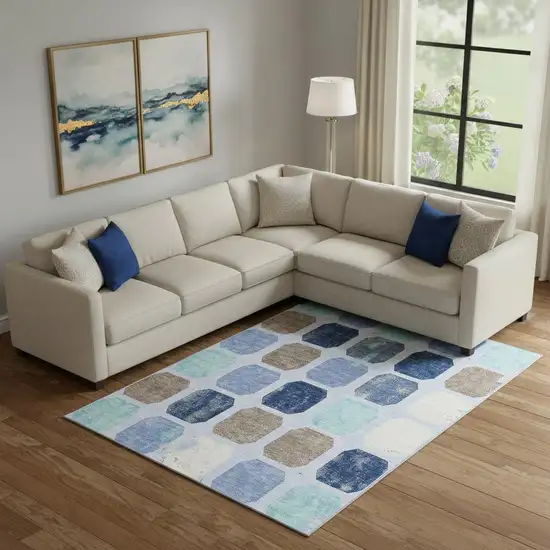 Denim Blue Brown And Teal Geometric Washable Area Rug With UV Protection Photo 2