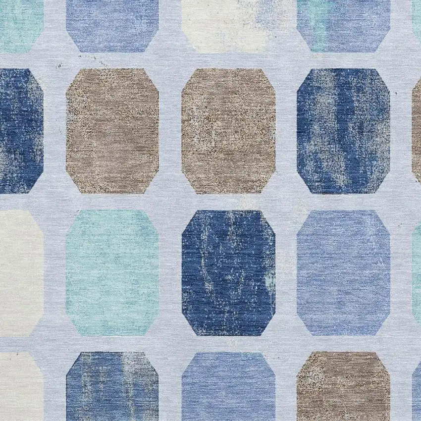 Denim Blue Brown And Teal Geometric Washable Area Rug With UV Protection Photo 3