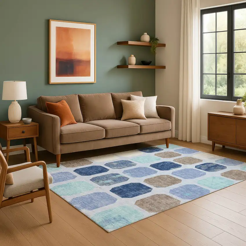 Denim Blue Brown And Teal Geometric Washable Area Rug With UV Protection Photo 6