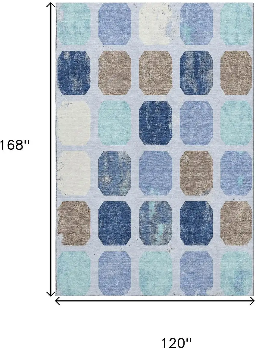Denim Blue Brown And Teal Geometric Washable Area Rug With UV Protection Photo 9