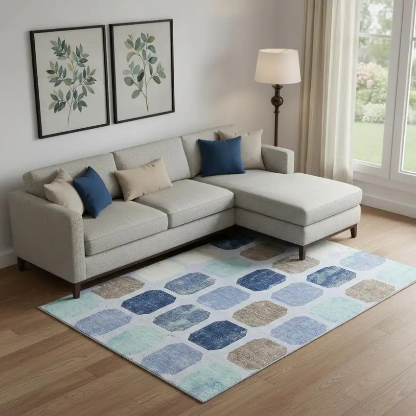 Denim Blue Brown And Teal Geometric Washable Area Rug With UV Protection Photo 2