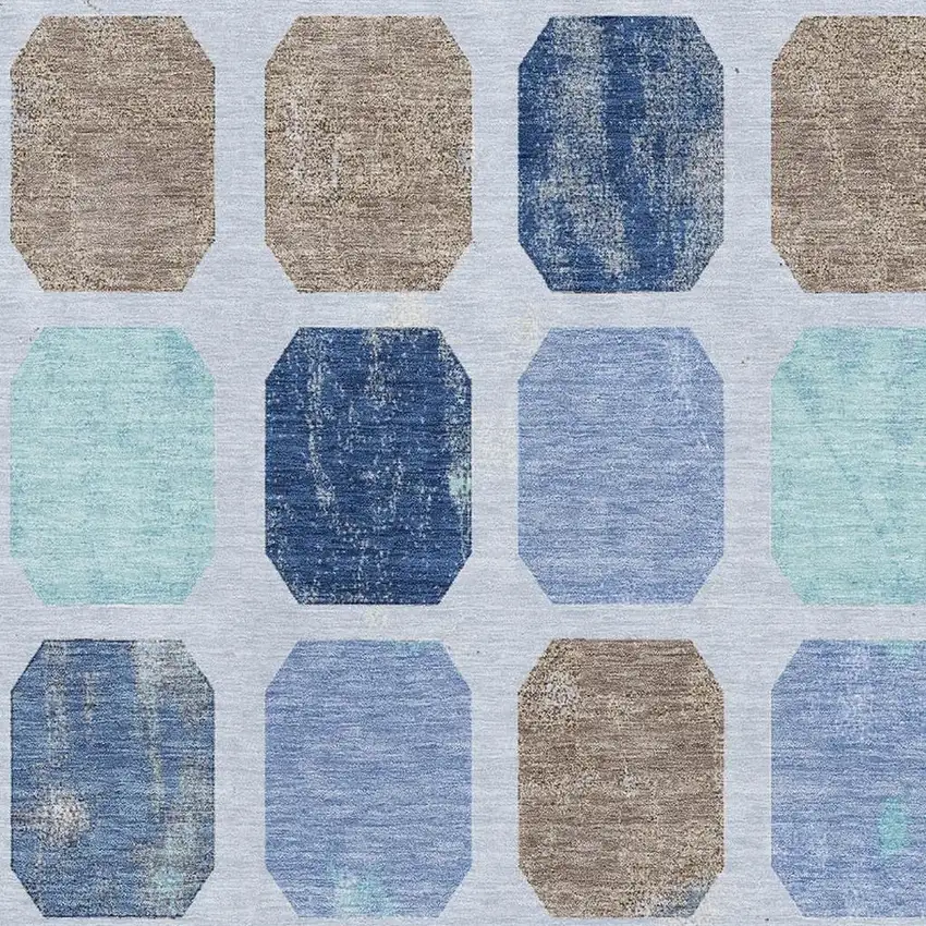 Denim Blue Brown And Teal Geometric Washable Area Rug With UV Protection Photo 3