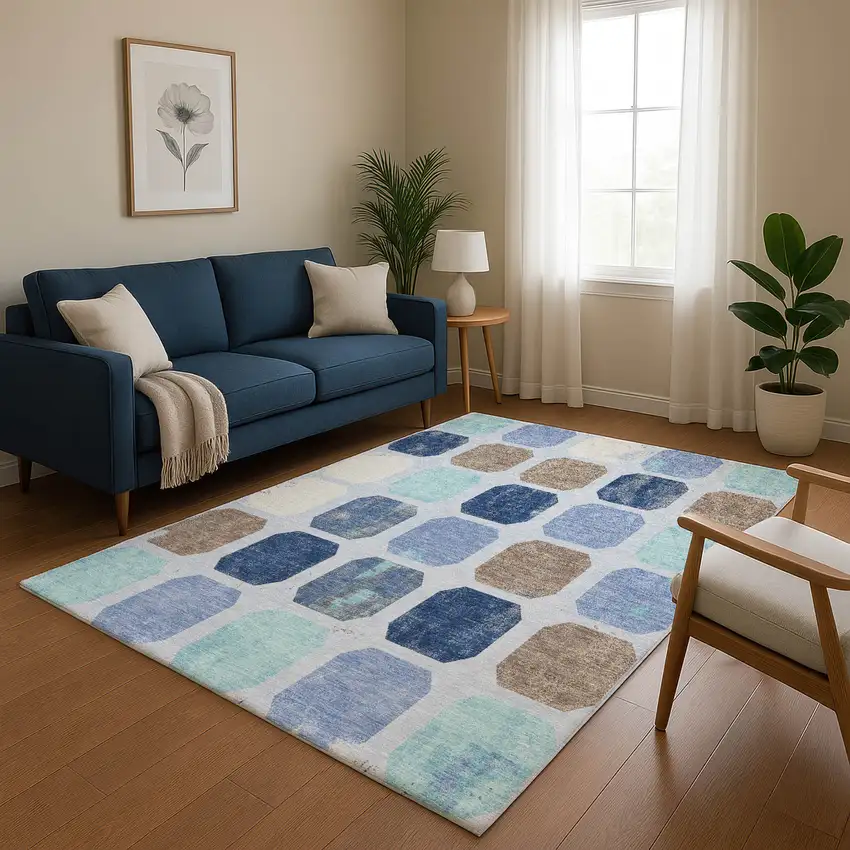 Denim Blue Brown And Teal Geometric Washable Area Rug With UV Protection Photo 5