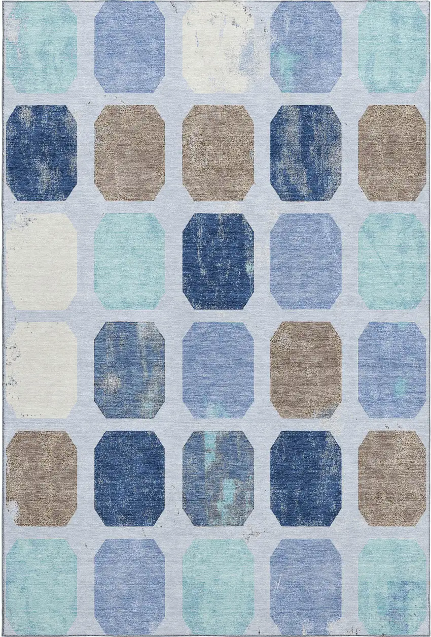 Denim Blue Brown And Teal Geometric Washable Area Rug With UV Protection Photo 1