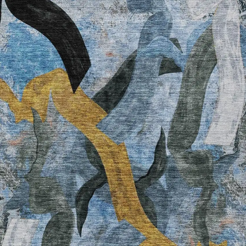 Denim Blue Charcoal And Gold Abstract Washable Indoor Outdoor Area Rug Photo 7