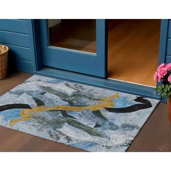 Denim Blue Charcoal And Gold Abstract Washable Indoor Outdoor Area Rug Photo 2