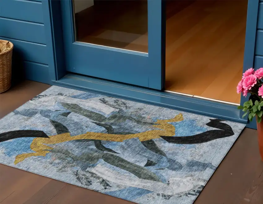 Denim Blue Charcoal And Gold Abstract Washable Indoor Outdoor Area Rug Photo 2