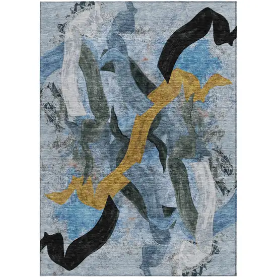 Denim Blue Charcoal And Gold Abstract Washable Indoor Outdoor Area Rug Photo 3