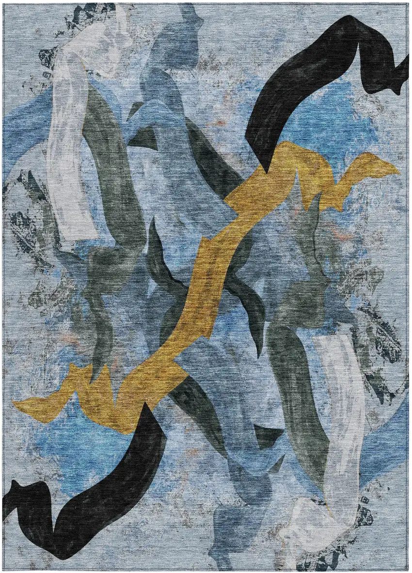 Denim Blue Charcoal And Gold Abstract Washable Indoor Outdoor Area Rug Photo 3
