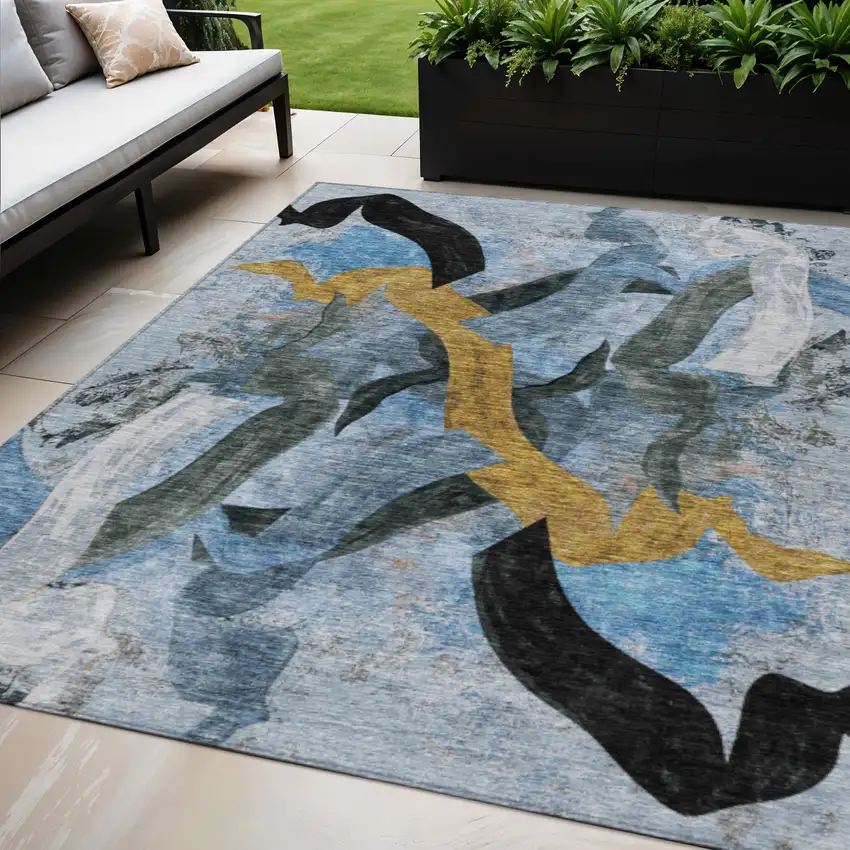 Denim Blue Charcoal And Gold Abstract Washable Indoor Outdoor Area Rug Photo 2
