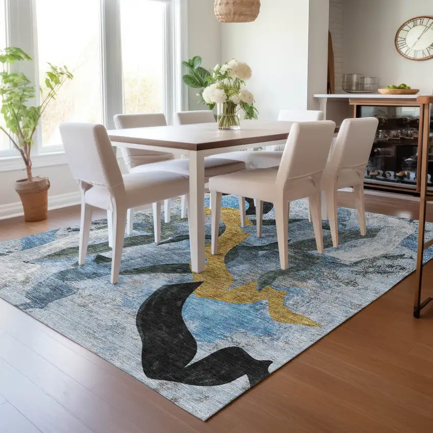 Denim Blue Charcoal And Gold Abstract Washable Indoor Outdoor Area Rug Photo 8