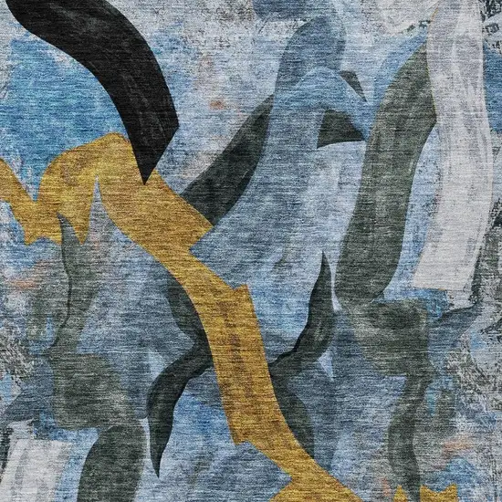 Denim Blue Charcoal And Gold Abstract Washable Indoor Outdoor Area Rug Photo 6