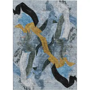 Photo of Denim Blue Charcoal And Gold Abstract Washable Indoor Outdoor Area Rug
