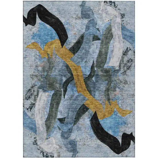 Denim Blue Charcoal And Gold Abstract Washable Indoor Outdoor Area Rug Photo 1