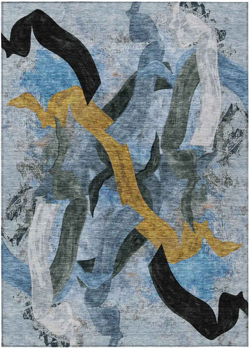 Denim Blue Charcoal And Gold Abstract Washable Indoor Outdoor Area Rug Photo 1