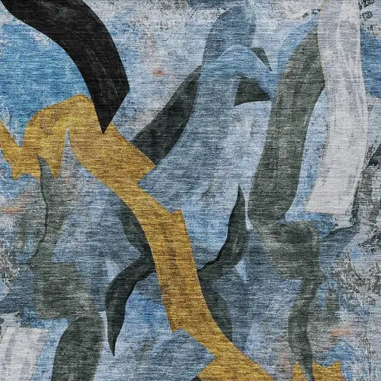 Denim Blue Charcoal And Gold Abstract Washable Indoor Outdoor Area Rug Photo 5