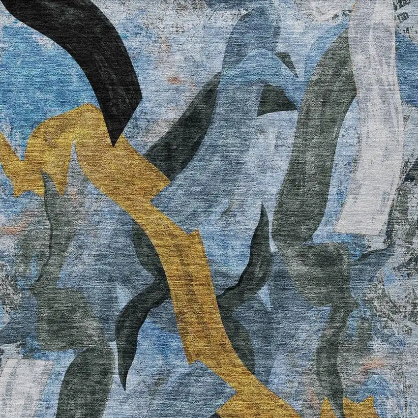 Denim Blue Charcoal And Gold Abstract Washable Indoor Outdoor Area Rug Photo 5
