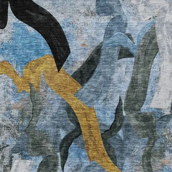 Denim Blue Charcoal And Gold Abstract Washable Indoor Outdoor Area Rug Photo 6