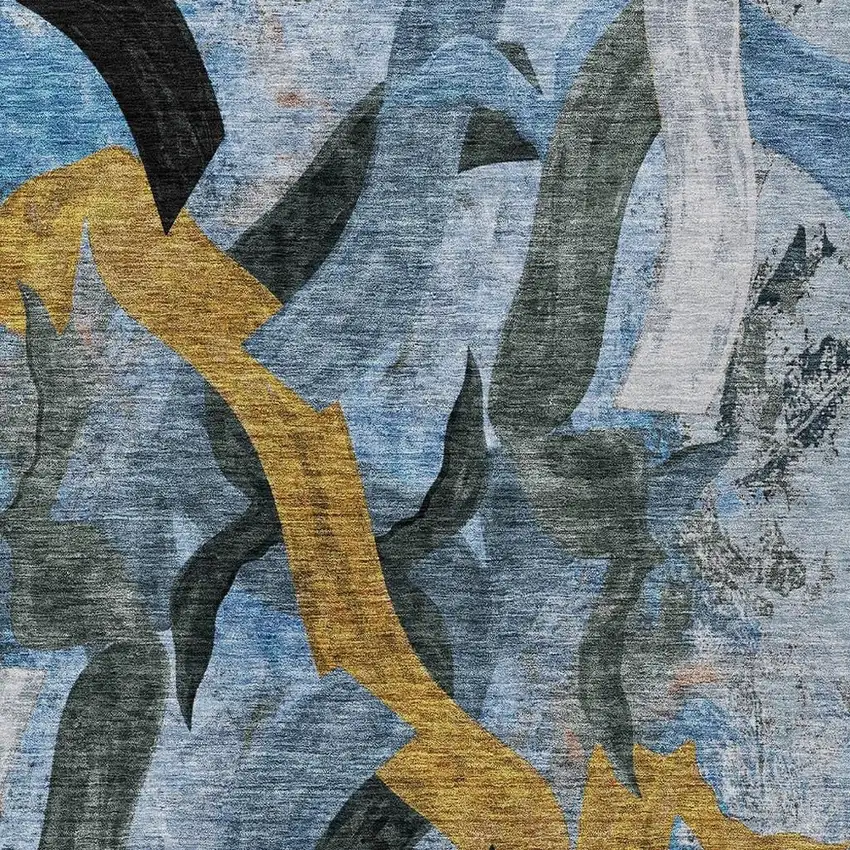 Denim Blue Charcoal And Gold Abstract Washable Indoor Outdoor Area Rug Photo 6