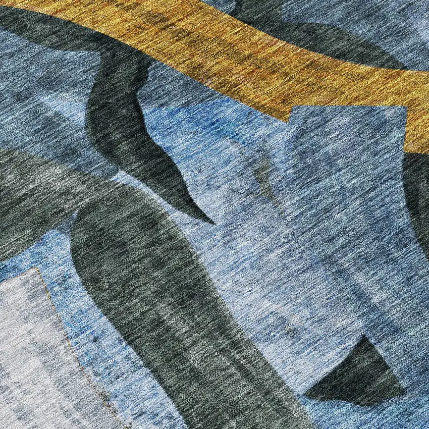 Denim Blue Charcoal And Gold Abstract Washable Indoor Outdoor Area Rug Photo 5