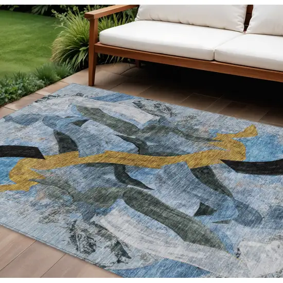 Denim Blue Charcoal And Gold Abstract Washable Indoor Outdoor Area Rug Photo 2